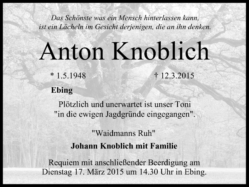  Traueranzeige für Anton Knoblich vom 16.03.2015 aus MGO