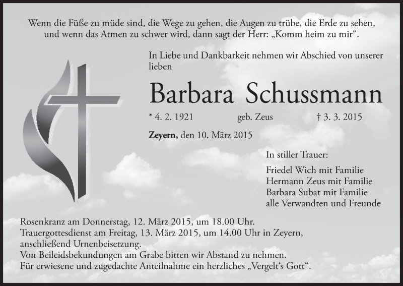 Traueranzeige für Barbara Schussmann vom 10.03.2015 aus MGO