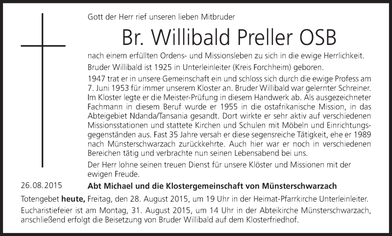  Traueranzeige für Willibald Preller vom 28.08.2015 aus MGO