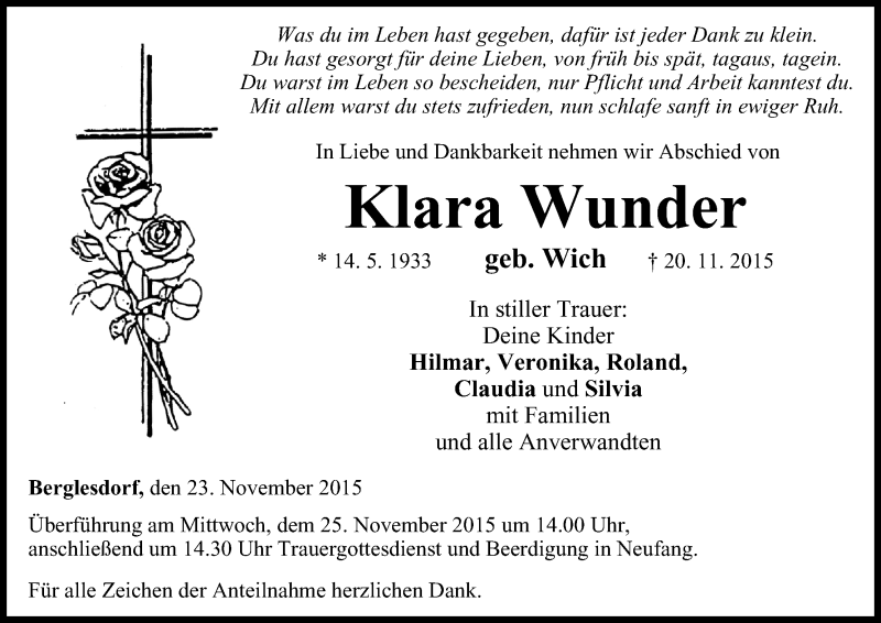  Traueranzeige für Klara Wunder vom 23.11.2015 aus MGO