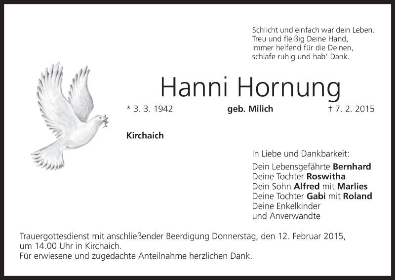  Traueranzeige für Hanni Hornung vom 10.02.2015 aus MGO