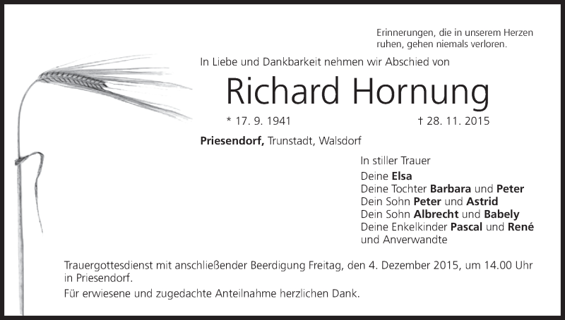  Traueranzeige für Richard Hornung vom 02.12.2015 aus MGO