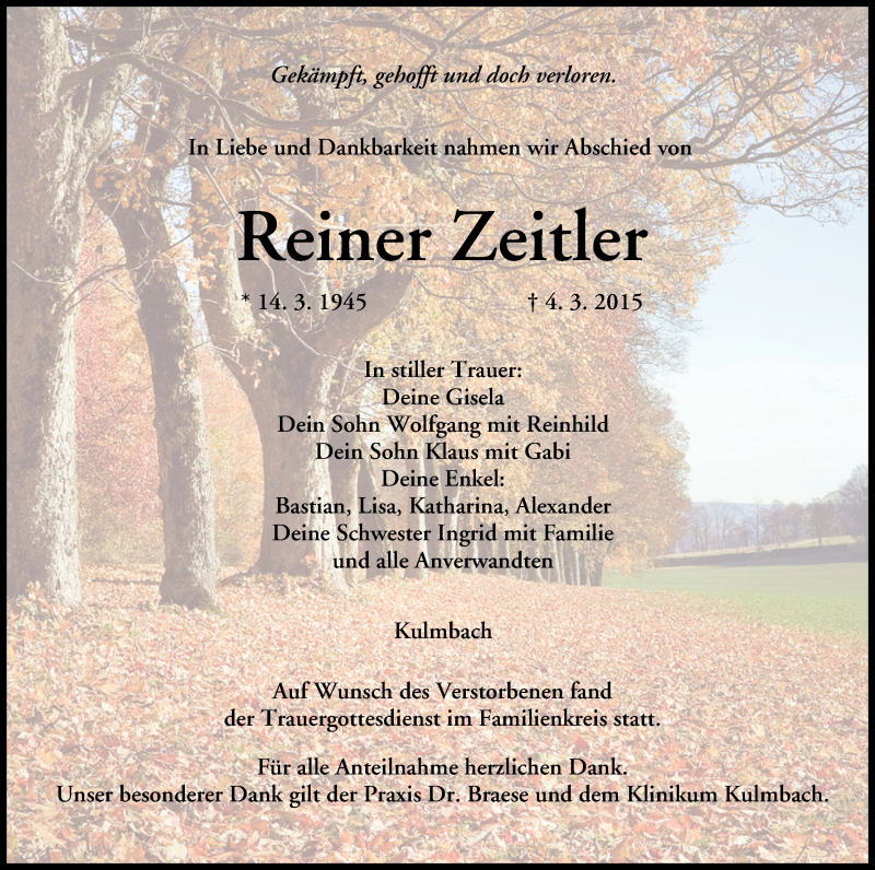  Traueranzeige für Reiner Zeitler vom 10.03.2015 aus MGO