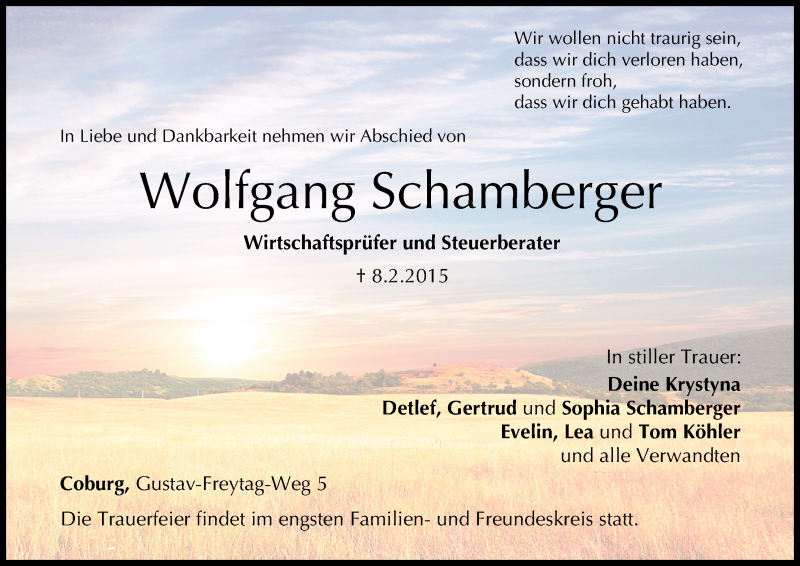  Traueranzeige für Wolfgang Schamberger vom 11.02.2015 aus MGO
