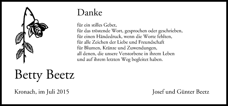  Traueranzeige für Betty Beetz vom 04.07.2015 aus MGO