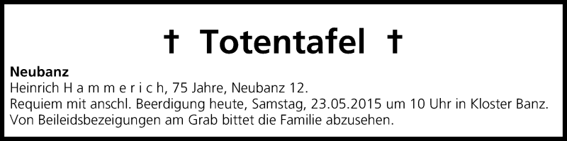  Traueranzeige für Totentafel 23.05.2015 vom 23.05.2015 aus MGO