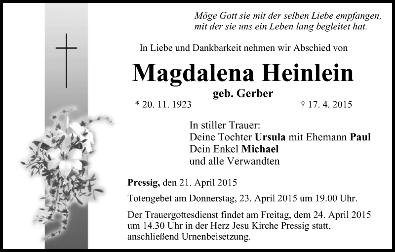 Traueranzeige für Magdalena Heinlein vom 21.04.2015 aus MGO