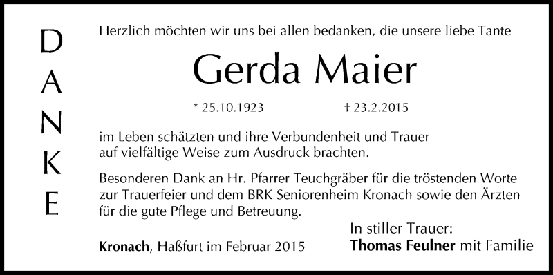  Traueranzeige für Gerda Maier vom 21.03.2015 aus MGO