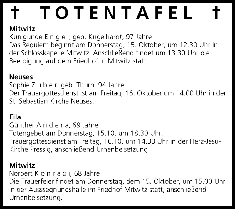  Traueranzeige für Totentafel vom 14.10.2015 vom 14.10.2015 aus MGO