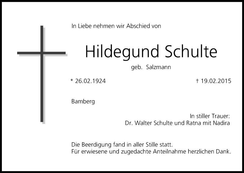  Traueranzeige für Hildegund Schulte vom 28.02.2015 aus MGO