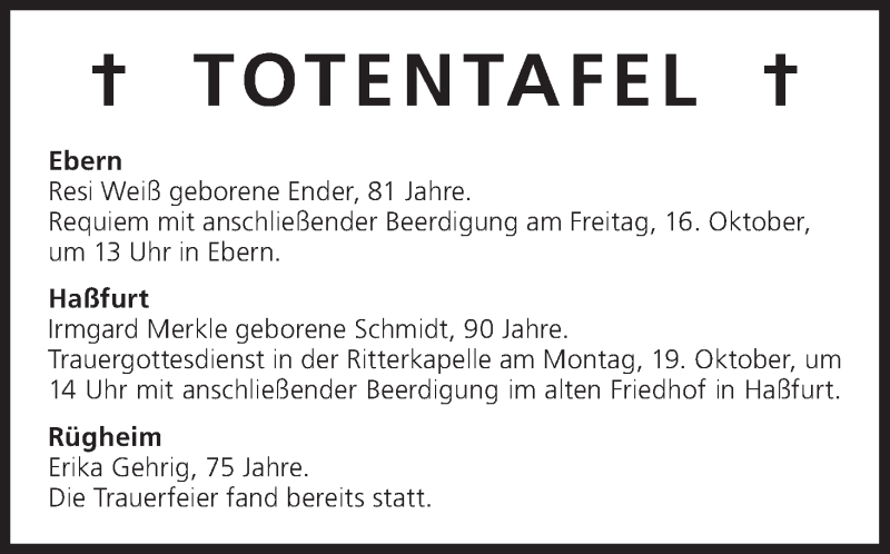  Traueranzeige für Totentafel vom 16.10.2015 vom 16.10.2015 aus MGO