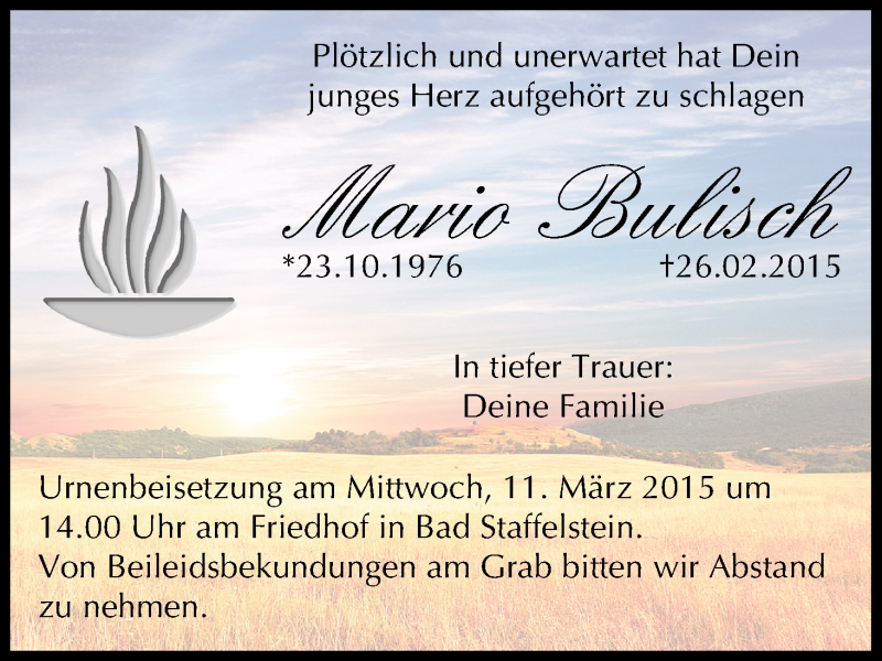  Traueranzeige für Mario Bulisch vom 07.03.2015 aus MGO