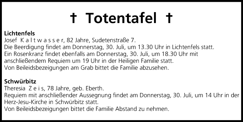  Traueranzeige für Totentafel vom 30.07.2015 vom 30.07.2015 aus MGO