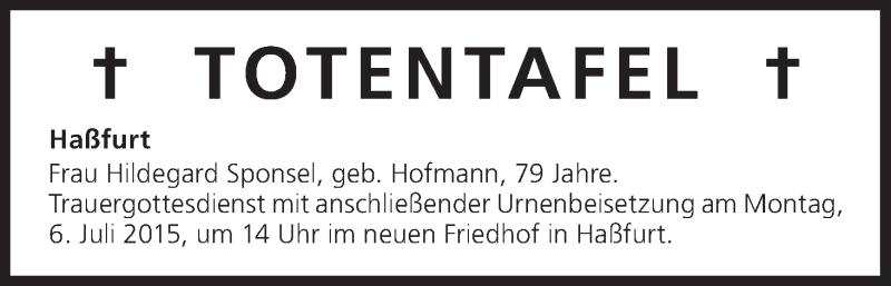  Traueranzeige für Hildegard Sponsel vom 02.07.2015 aus MGO