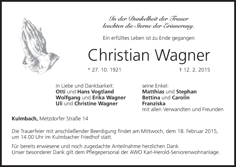  Traueranzeige für Christian Wagner vom 16.02.2015 aus MGO