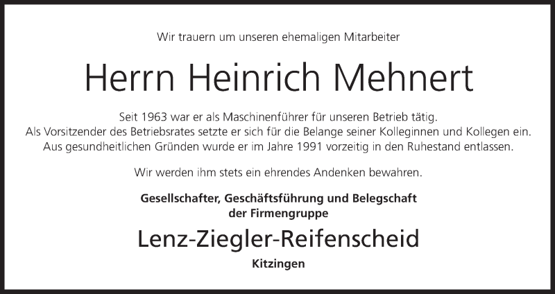  Traueranzeige für Heinrich Mehnert vom 14.07.2015 aus MGO