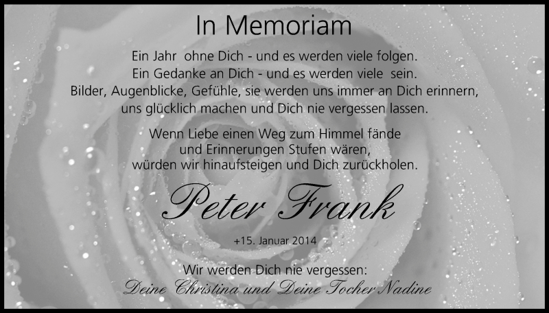 Traueranzeige für Peter Frank vom 15.01.2015 aus MGO