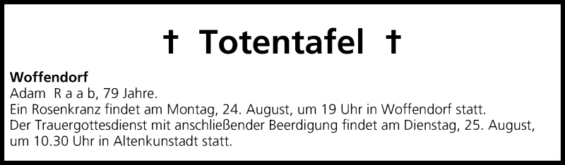  Traueranzeige für Totentafel vom 22.08.2015 vom 22.08.2015 aus MGO