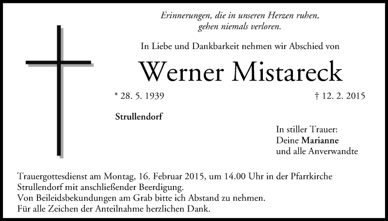  Traueranzeige für Werner Mistareck vom 14.02.2015 aus MGO