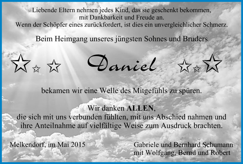  Traueranzeige für Daniel Schumann vom 16.05.2015 aus MGO
