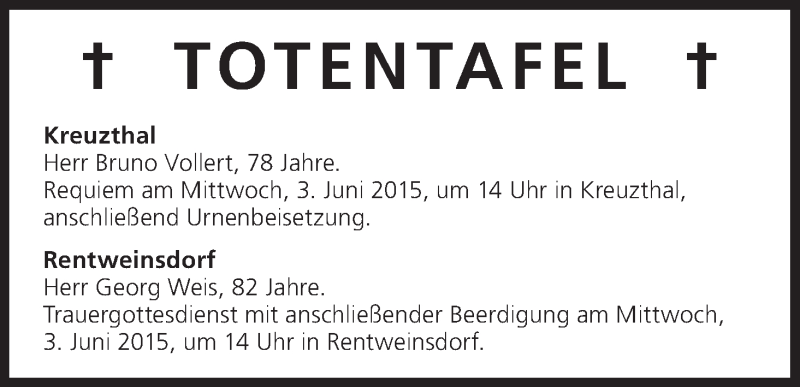  Traueranzeige für Totentafel vom 02.06.2015 vom 02.06.2015 aus MGO