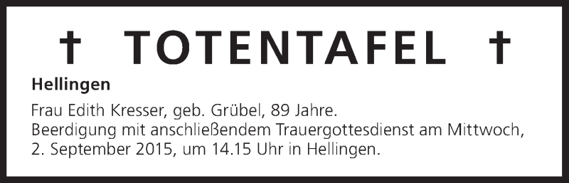  Traueranzeige für Totentafel vom 02.09.2015 vom 02.09.2015 aus MGO