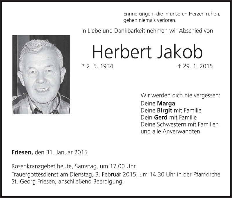  Traueranzeige für Herbert Jakob vom 31.01.2015 aus MGO