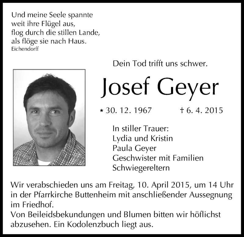  Traueranzeige für Josef Geyer vom 09.04.2015 aus MGO