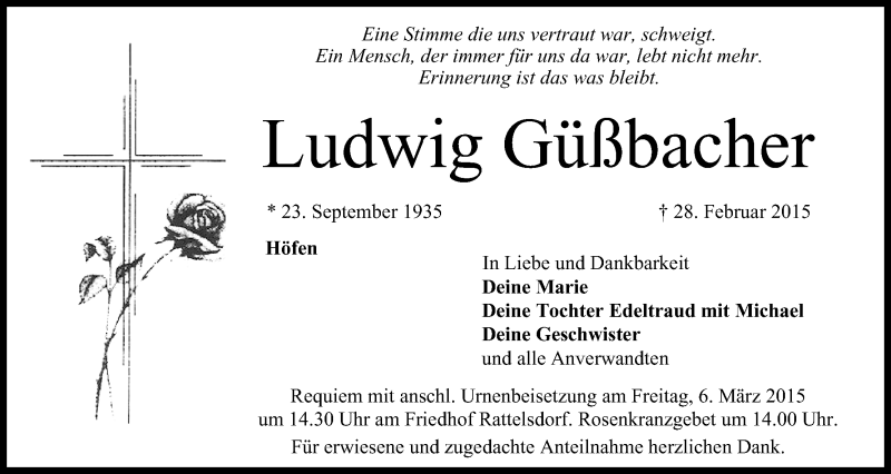  Traueranzeige für Ludwig Güßbacher vom 04.03.2015 aus MGO