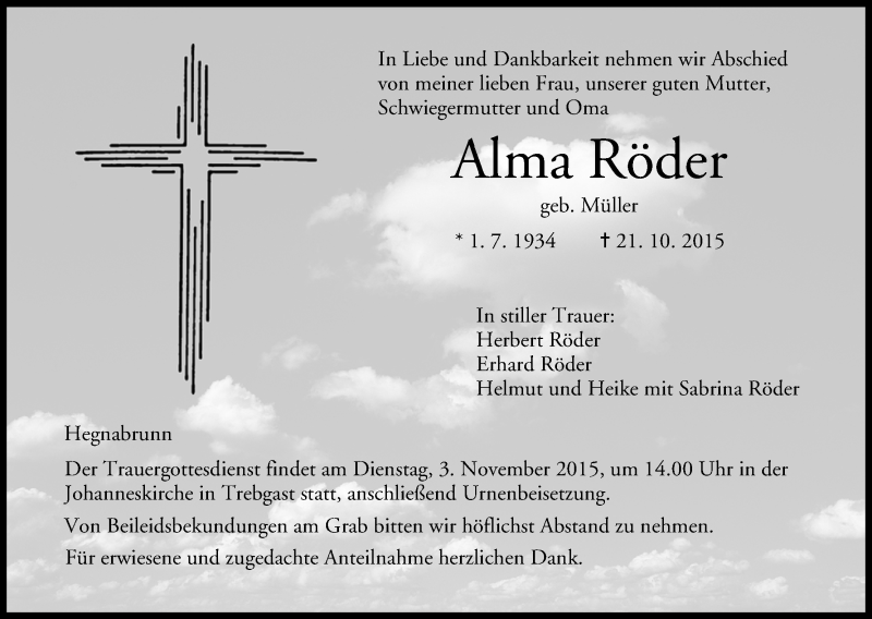  Traueranzeige für Alma Röder vom 31.10.2015 aus MGO