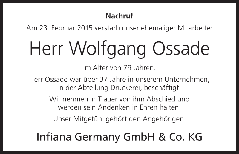  Traueranzeige für Wolfgang Ossade vom 04.03.2015 aus MGO