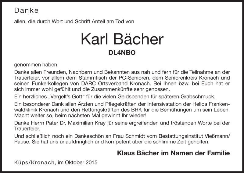  Traueranzeige für Karl Bächer vom 31.10.2015 aus MGO