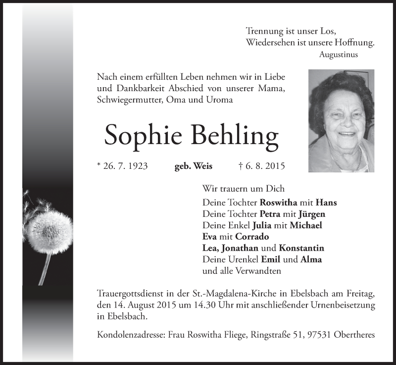  Traueranzeige für Sophie Behling vom 11.08.2015 aus MGO