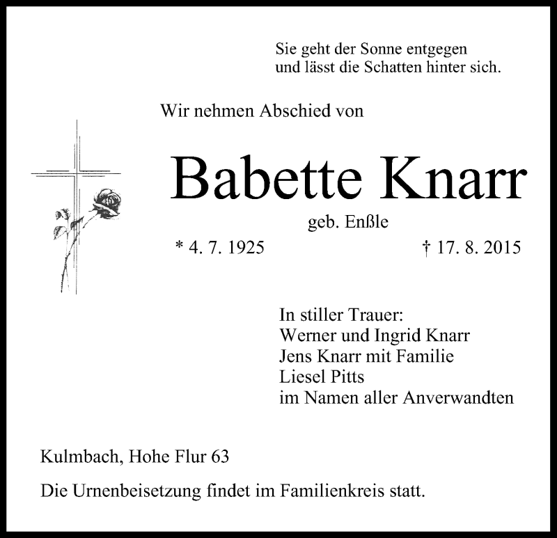  Traueranzeige für Babette Knarr vom 22.08.2015 aus MGO