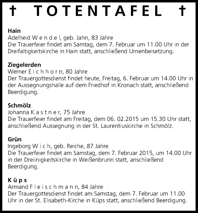  Traueranzeige für Totentafel vom 06.02.2015 vom 06.02.2015 aus MGO