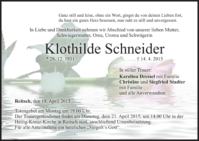  Traueranzeige für Klothilde Schneider vom 18.04.2015 aus MGO