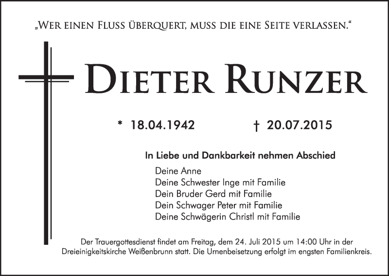  Traueranzeige für Dieter Runzer vom 22.07.2015 aus MGO