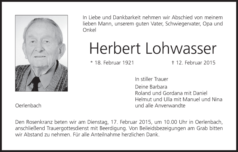  Traueranzeige für Herbert Lohwasser vom 14.02.2015 aus MGO