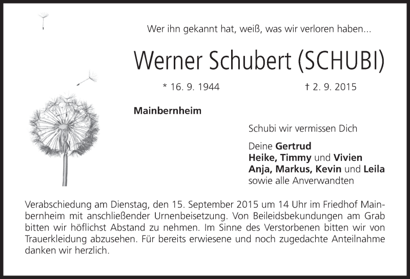  Traueranzeige für Werner Schubert vom 12.09.2015 aus MGO