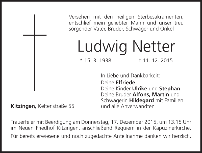  Traueranzeige für Ludwig Netter vom 15.12.2015 aus MGO