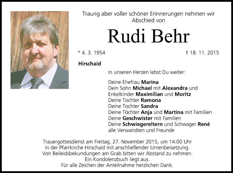  Traueranzeige für Rudi Behr vom 24.11.2015 aus MGO