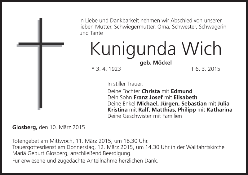  Traueranzeige für Kunigunda Wich vom 10.03.2015 aus MGO