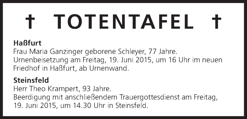  Traueranzeige für Totentafel vom 18.06.2015 vom 18.06.2015 aus MGO