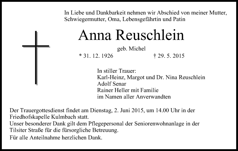  Traueranzeige für Anna Reuschlein vom 30.05.2015 aus MGO