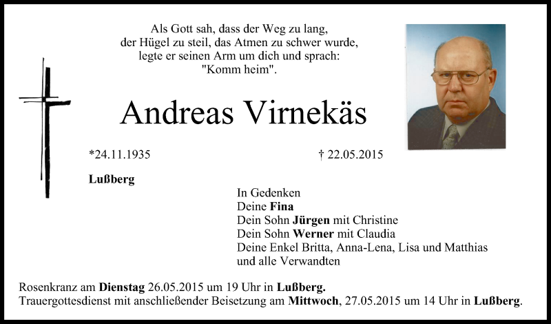  Traueranzeige für Andreas Virnekäs vom 26.05.2015 aus MGO