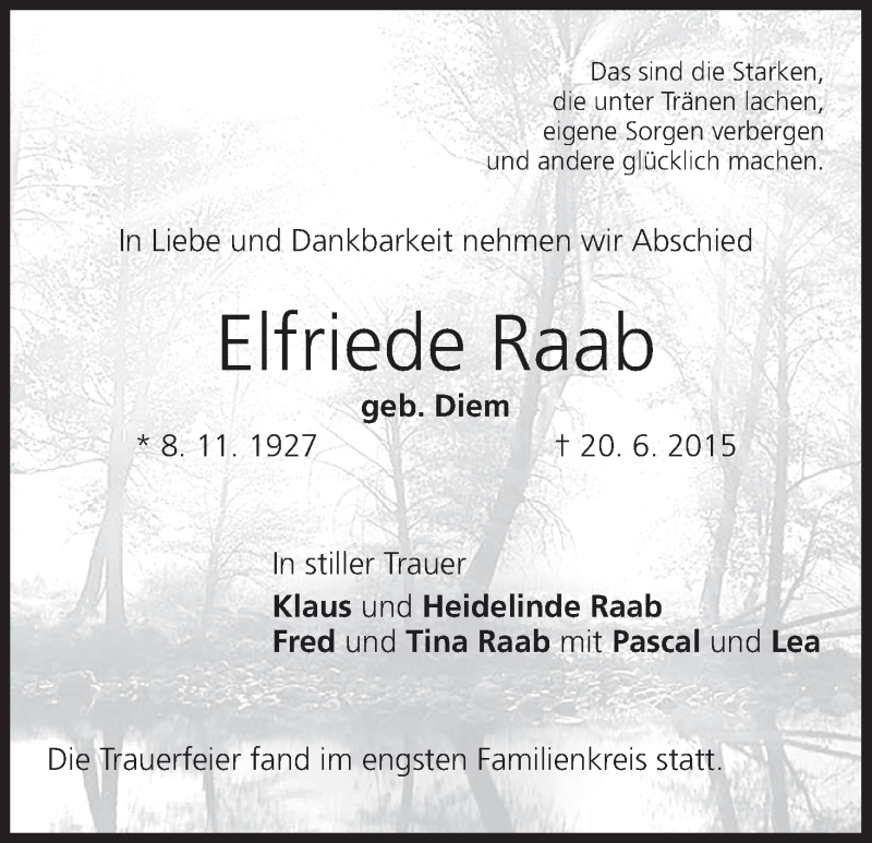  Traueranzeige für Elfriede Raab vom 27.06.2015 aus MGO