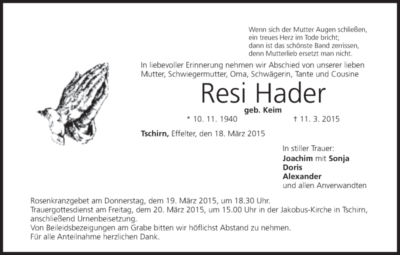  Traueranzeige für Resi Hader vom 18.03.2015 aus MGO