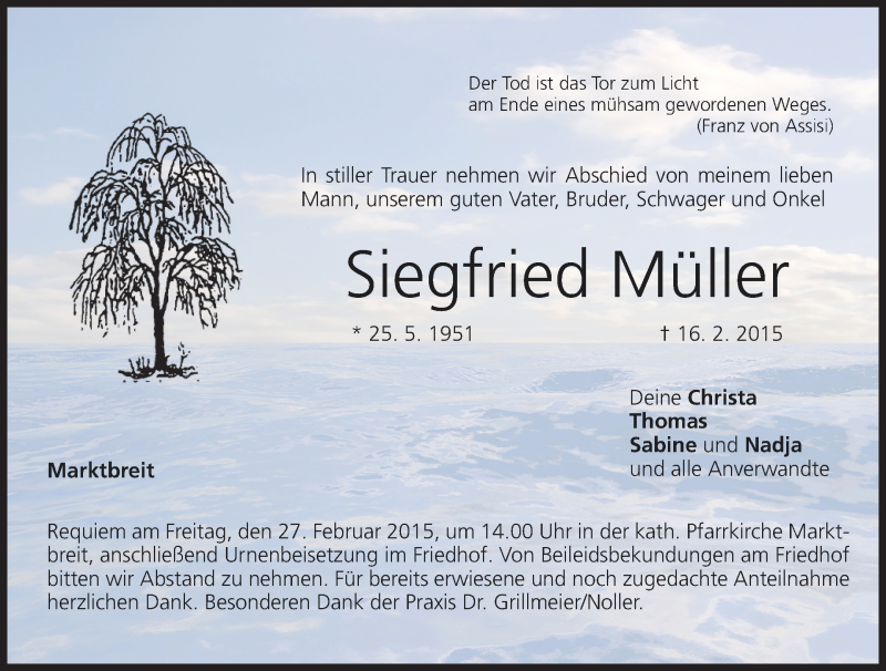  Traueranzeige für Siegfried Müller vom 21.02.2015 aus MGO