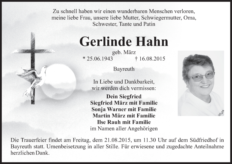  Traueranzeige für Gerlinde Hahn vom 18.08.2015 aus MGO