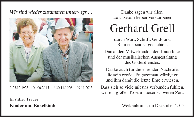  Traueranzeige für Gerhard Grell vom 05.12.2015 aus MGO